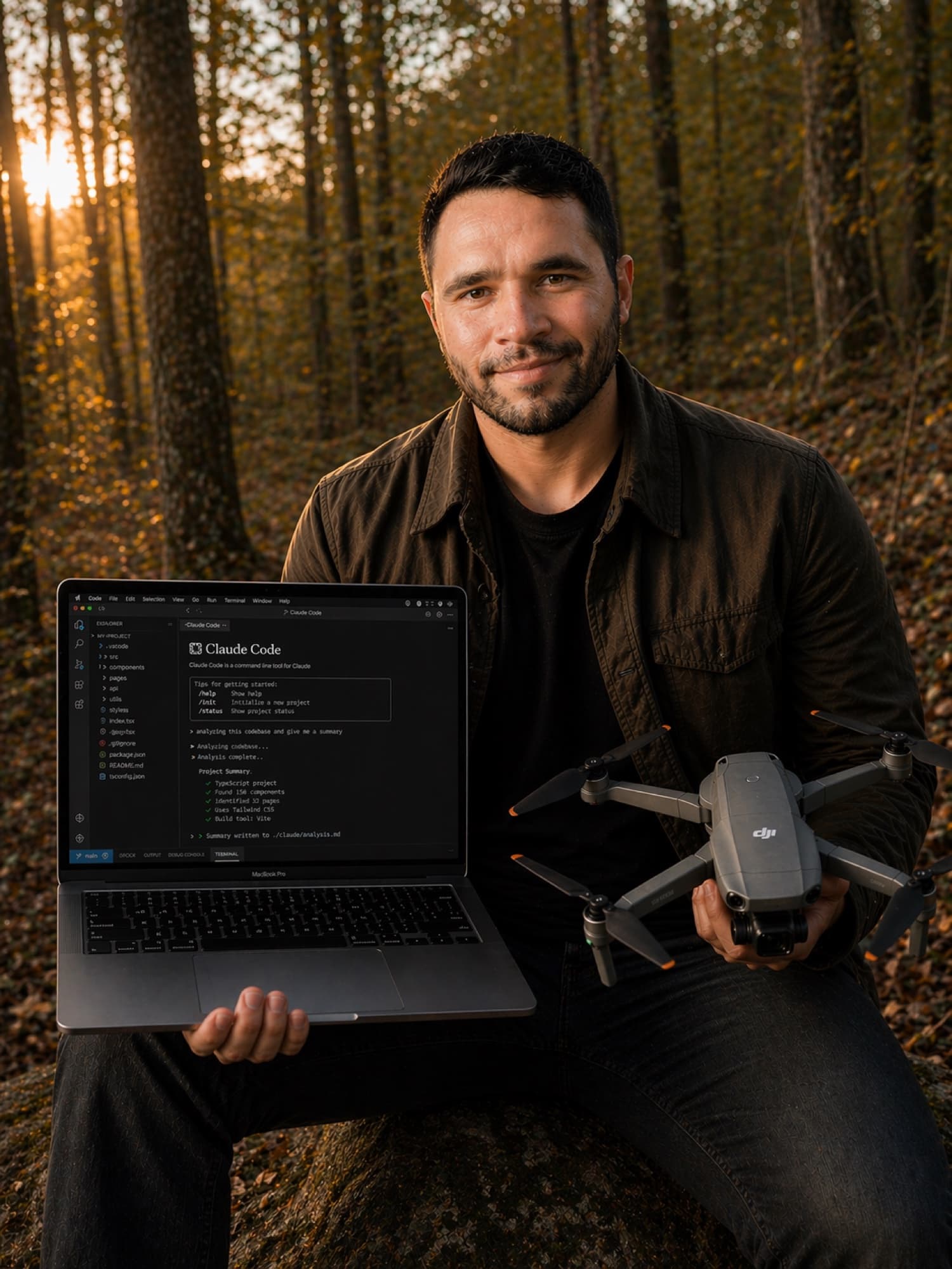 Dean Diego with laptop and DJI drone at golden hour in the woods