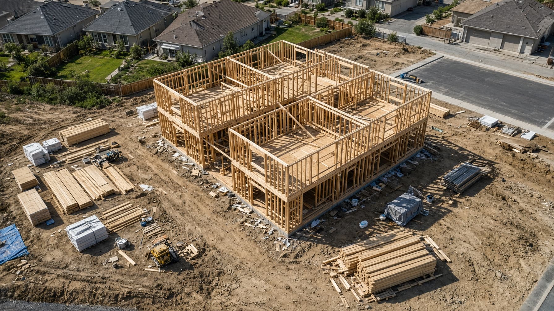 Oblique aerial of a house under construction