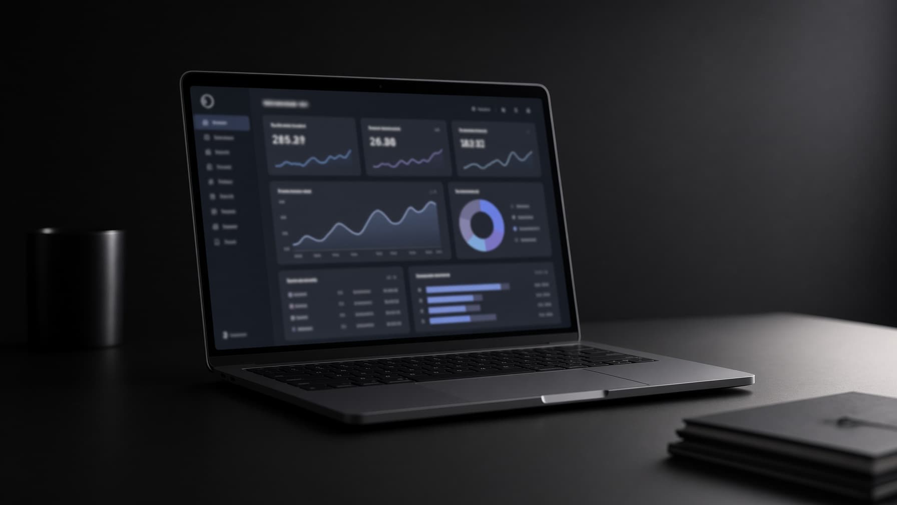 Laptop on a dark desk showing a blurred product dashboard