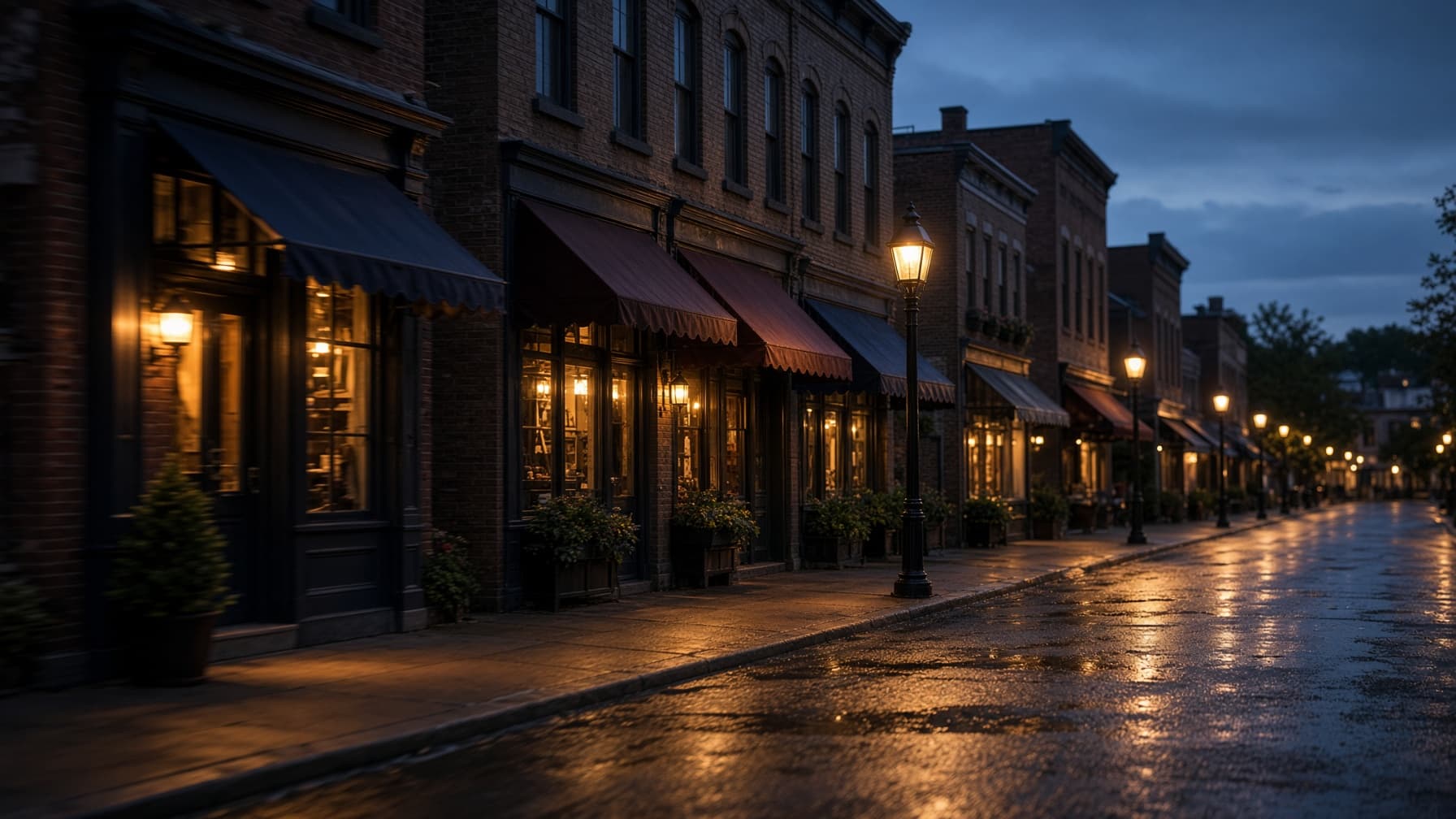 Cinematic low aerial along a Main Street at blue hour
